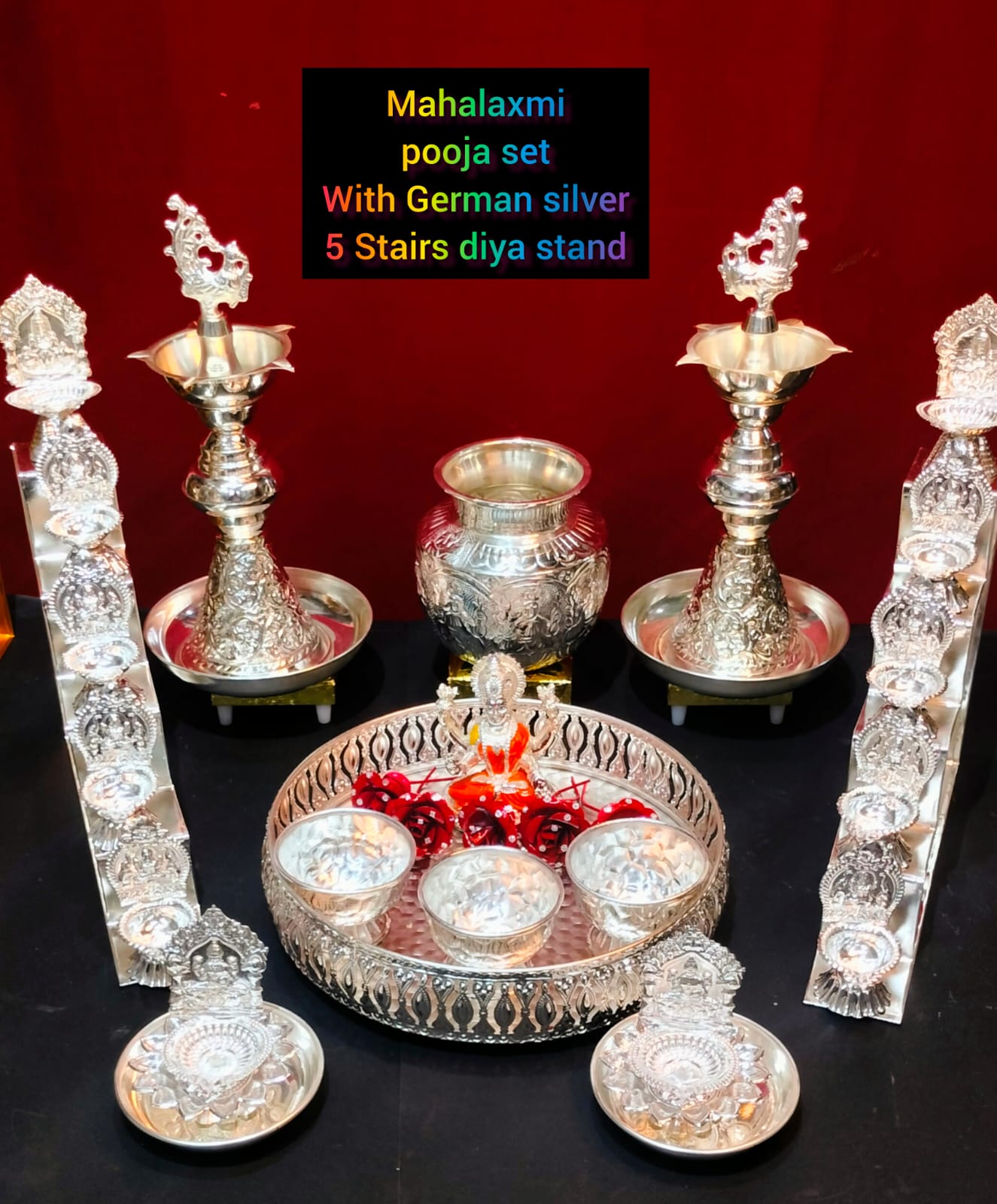 german silver full pooja thali set of 34 pieces for varalakshmi pooja/ housewarming/ diwali