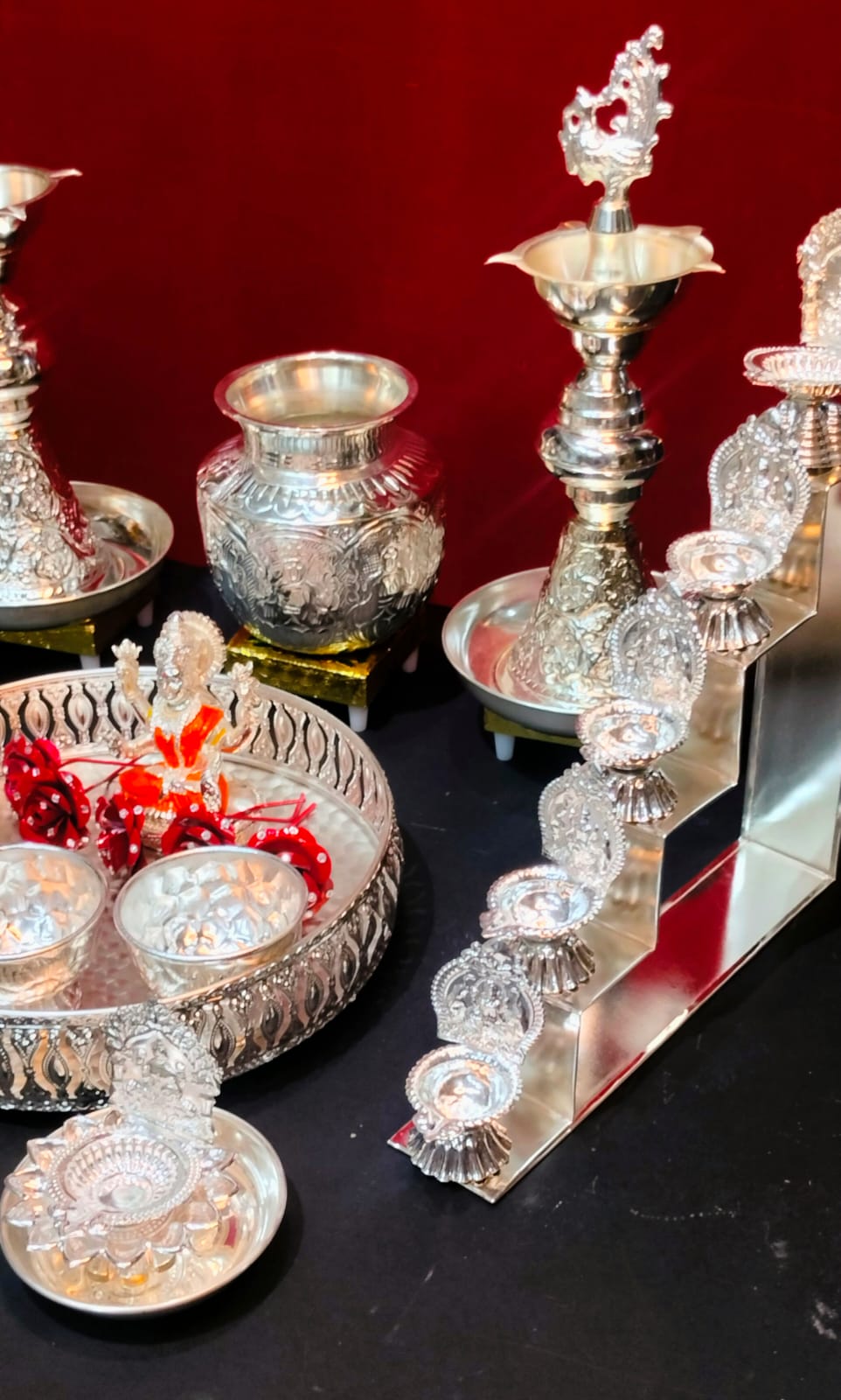 german silver full pooja thali set of 34 pieces for varalakshmi pooja/ housewarming/ diwali