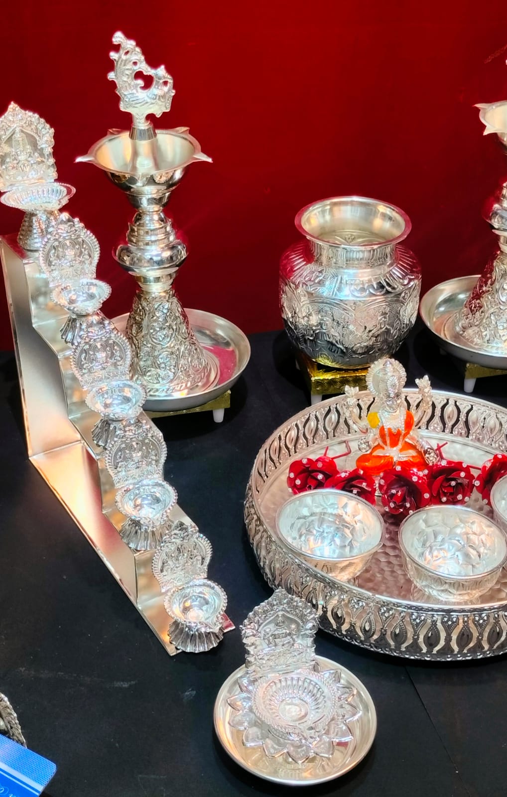 german silver full pooja thali set of 34 pieces for varalakshmi pooja/ housewarming/ diwali