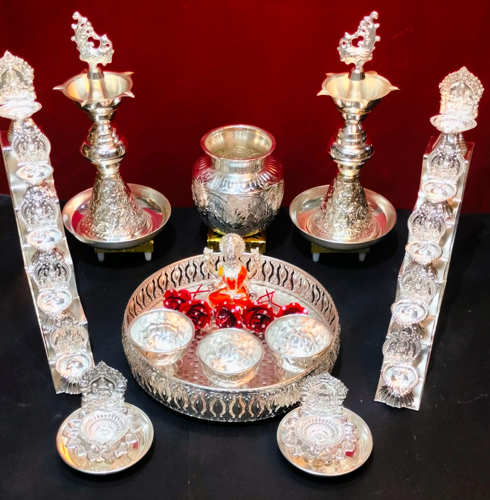 german silver full pooja thali set of 34 pieces for varalakshmi pooja/ housewarming/ diwali
