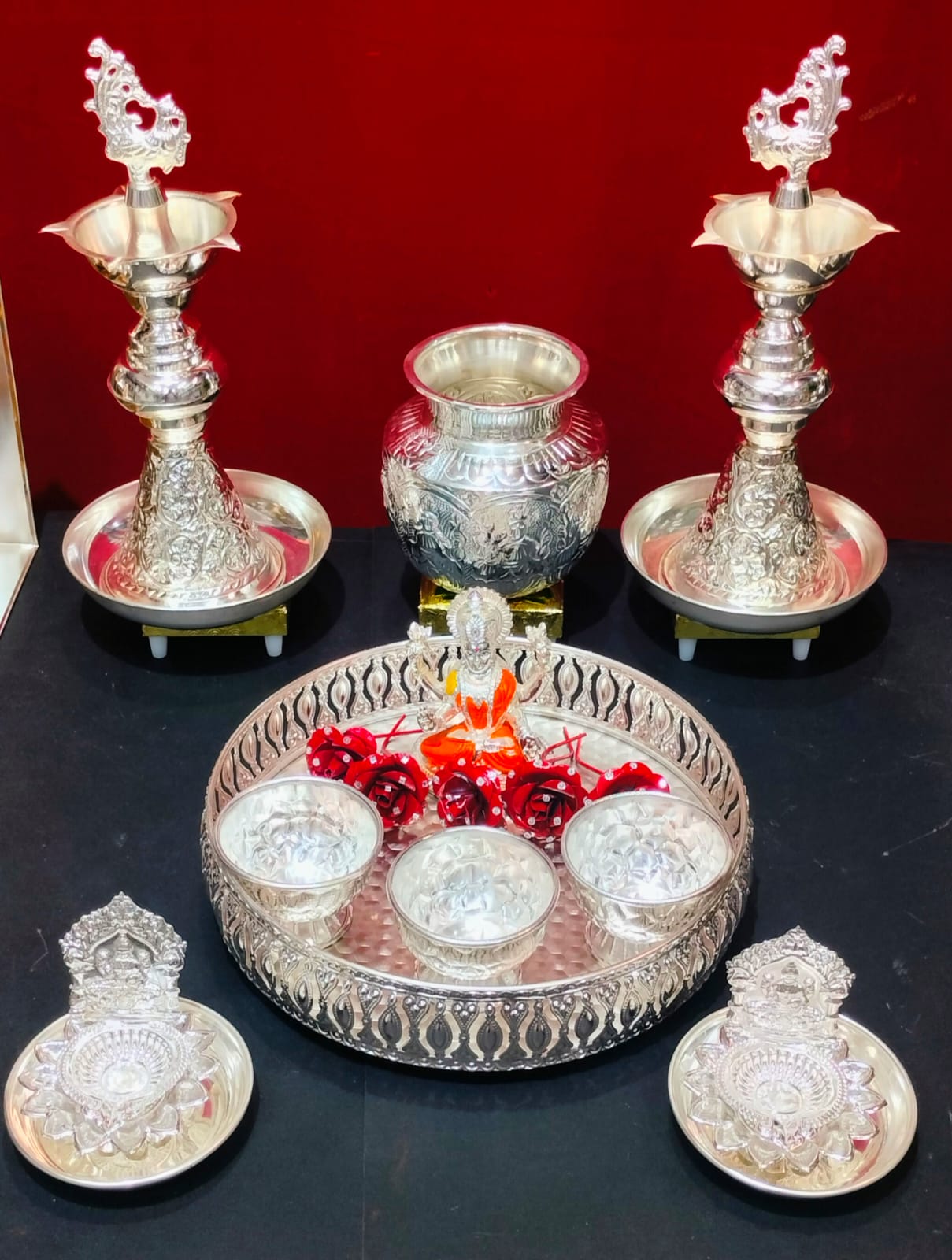 german silver full pooja thali set of 22 pieces for varalakshmi pooja/ housewarming/ diwali