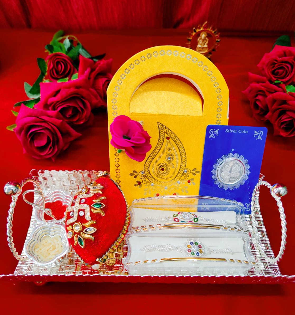 German silver tray with 2 silver  Rakhi combo for rakhshabandhan festival