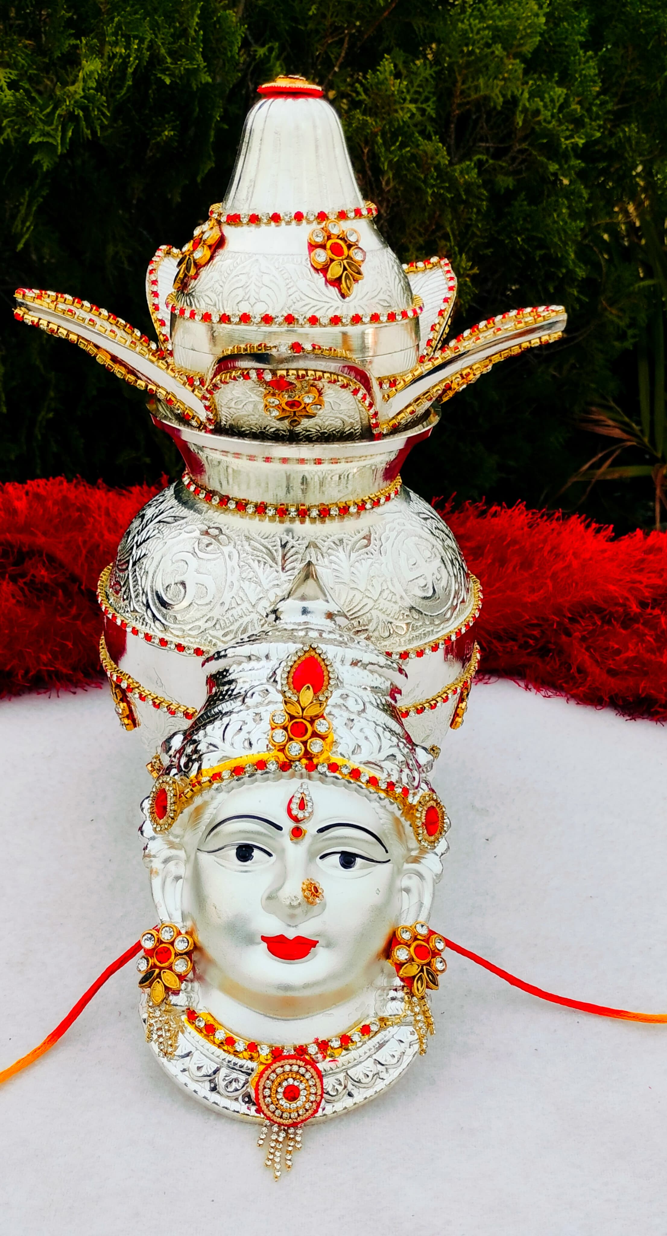 German silver stone work kalasha with Laxmi face combo for varalakshmi pooja/ housewarming/ diwali