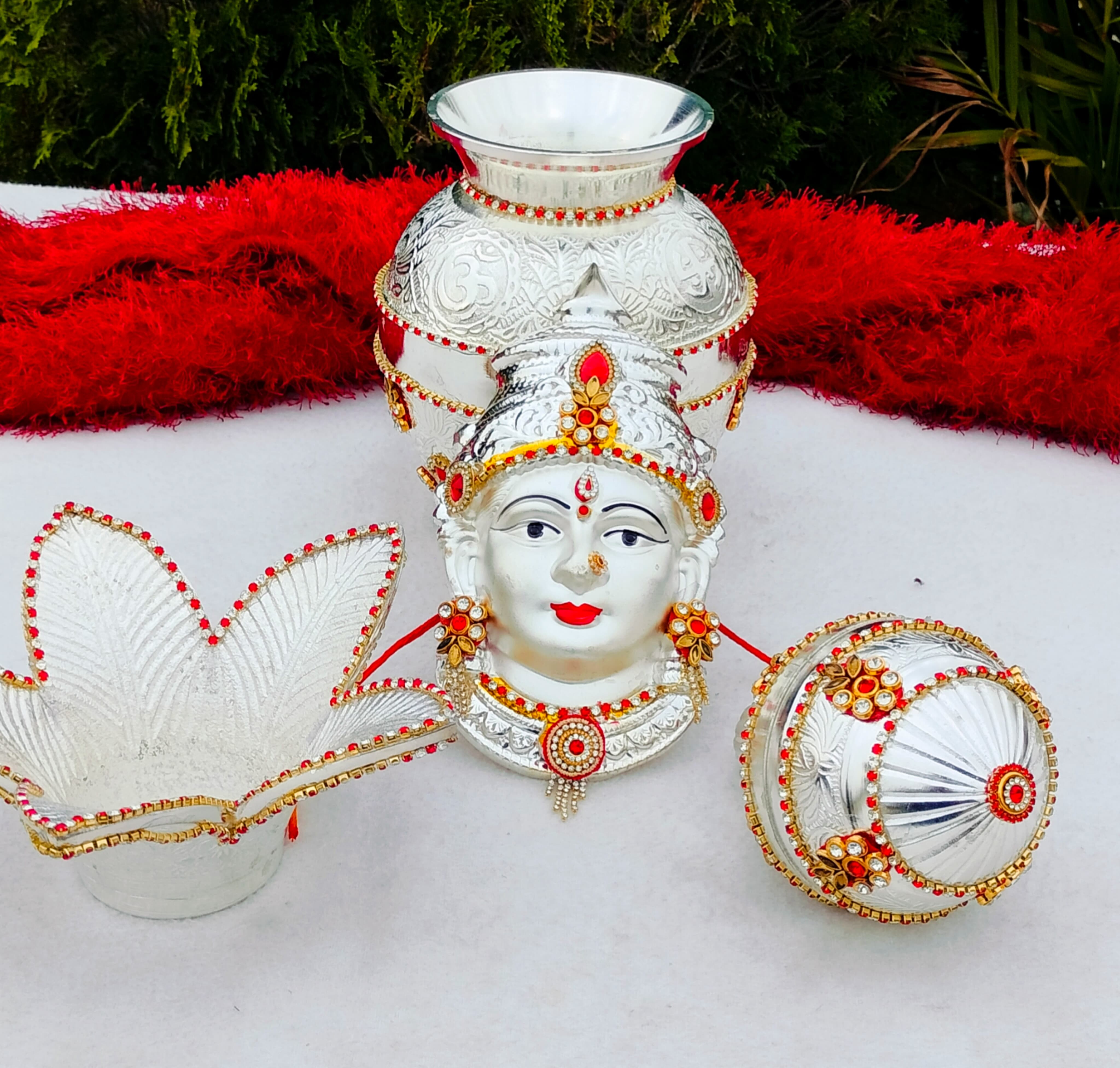German silver stone work kalasha with Laxmi face combo for varalakshmi pooja/ housewarming/ diwali