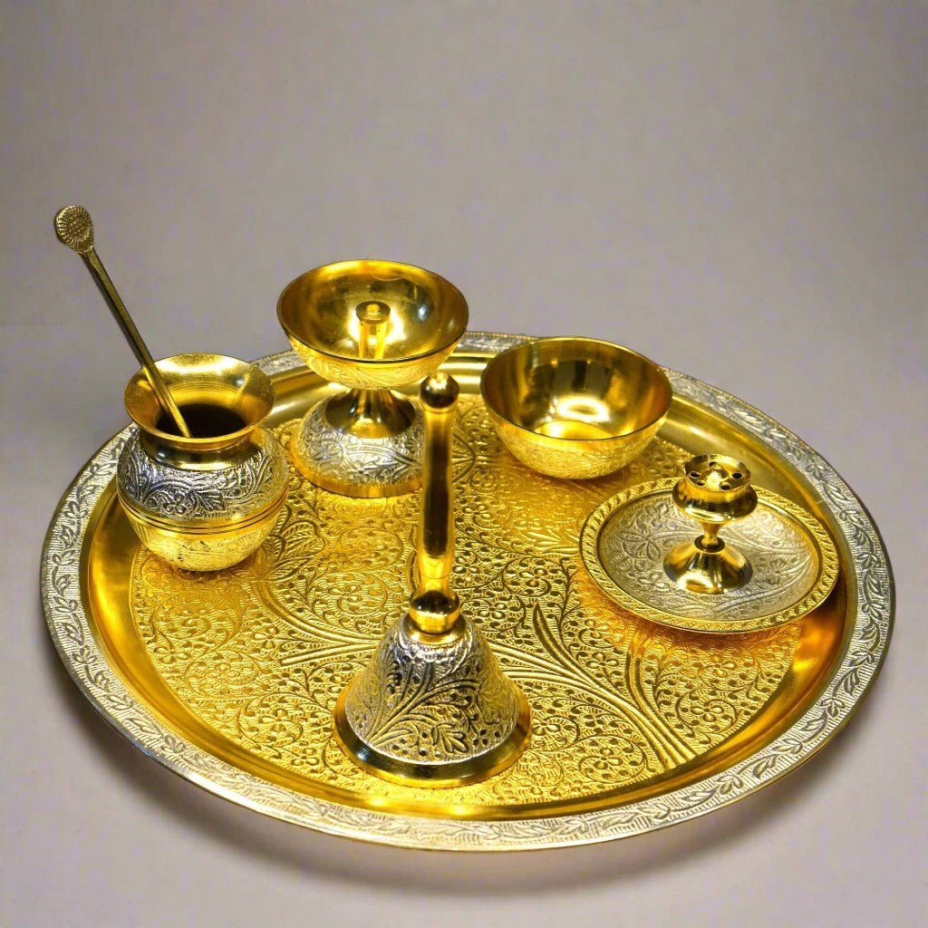 brass dual tone set of 7 pieces pooja thali set for housewarming/ diwali/gift item
