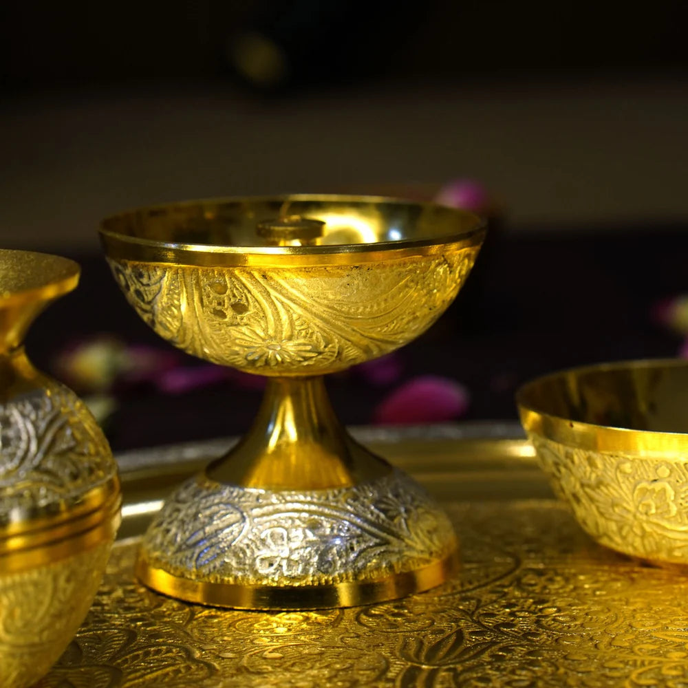 brass dual tone set of 7 pieces pooja thali set for housewarming/ diwali/gift item