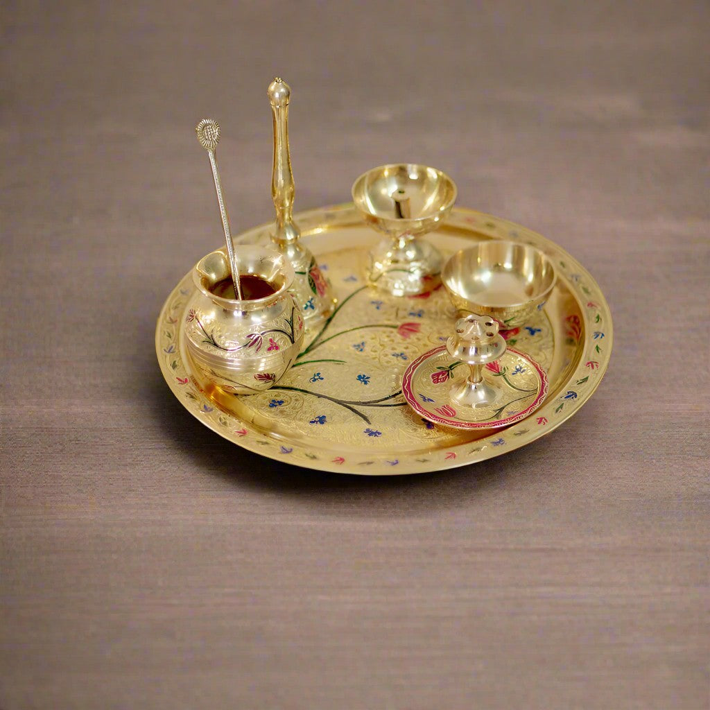 brass meenakari pooja thali set 7 pieces for housewarming/ diwali/ gift item