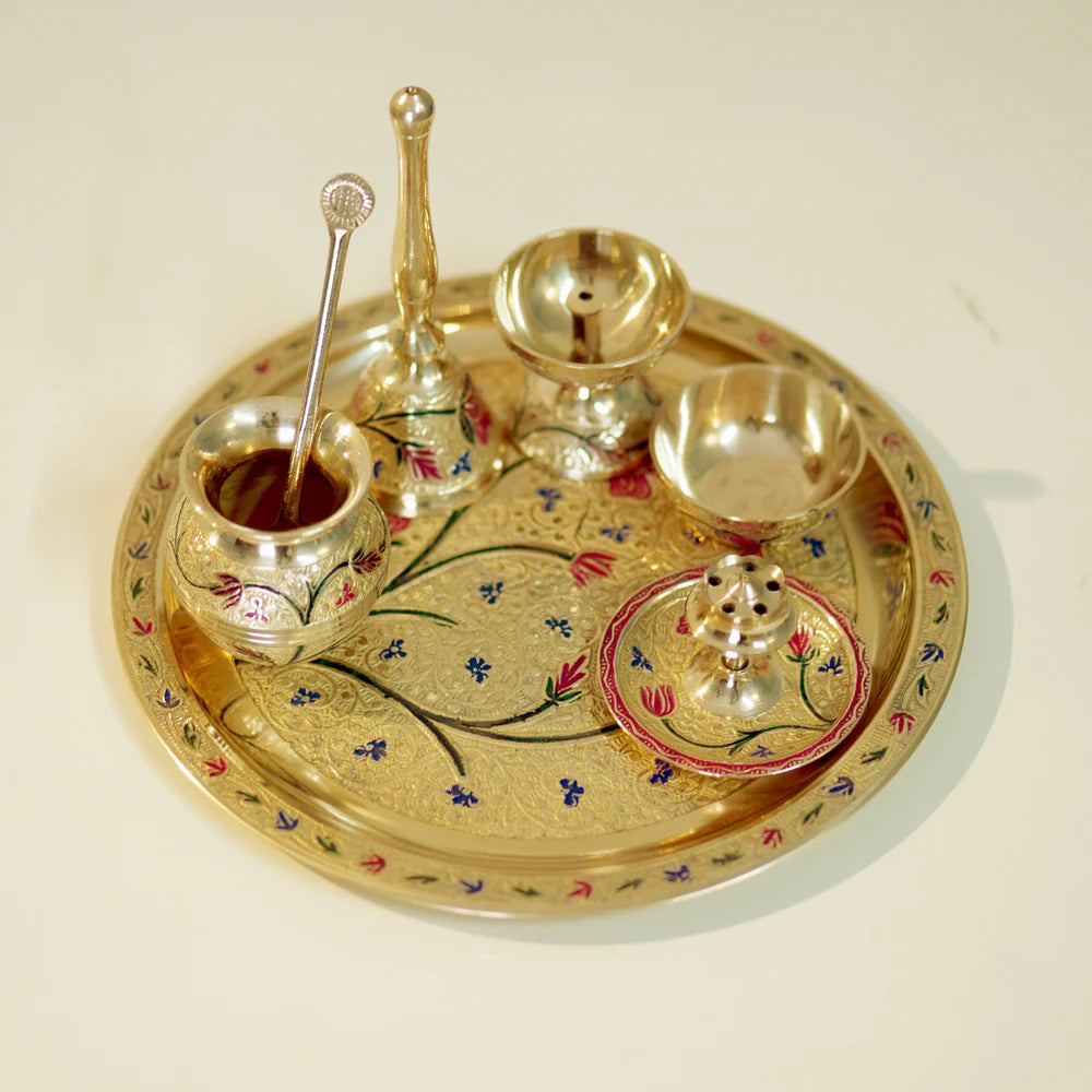 brass meenakari pooja thali set 7 pieces for housewarming/ diwali/ gift item