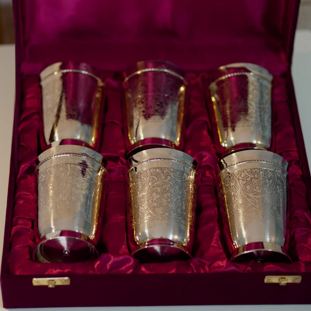 brass etched work set of 6 glasses on a velvet box for gift