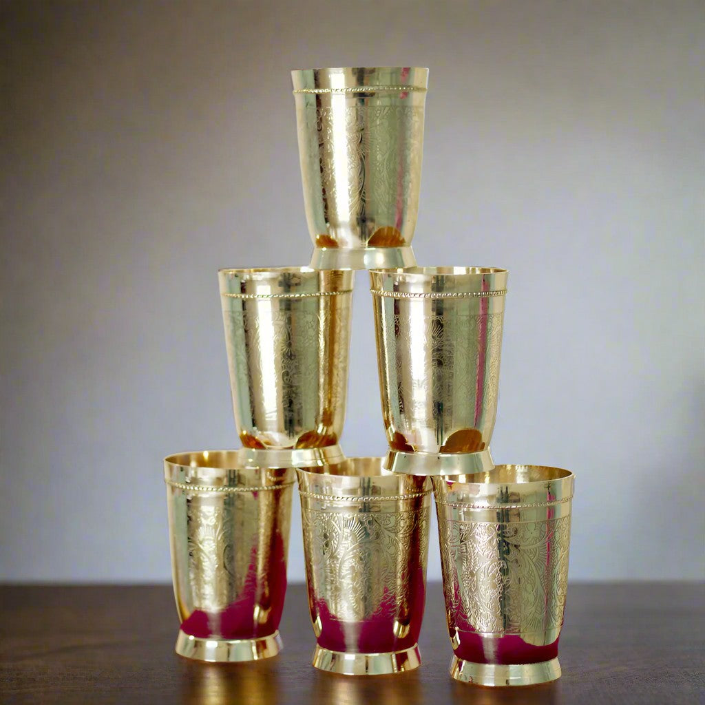 brass etched work set of 6 glasses on a velvet box for gift