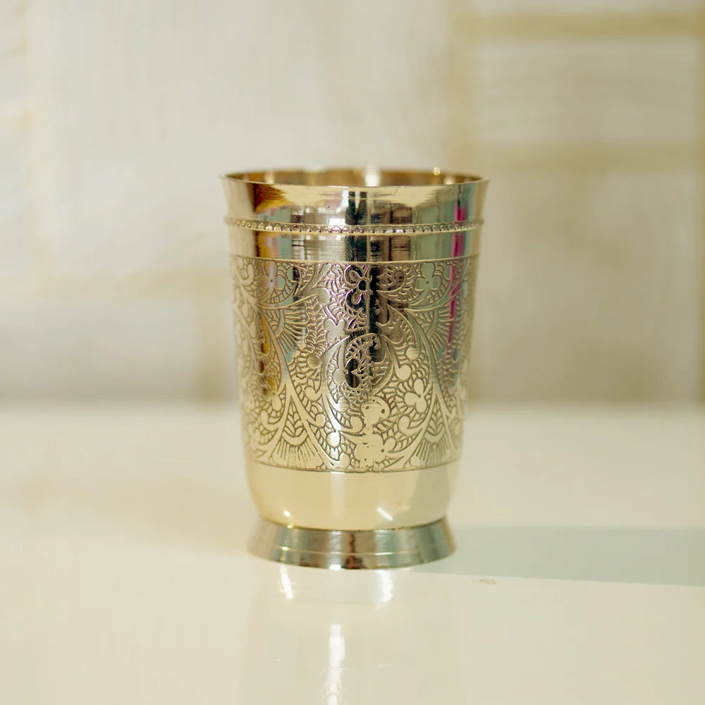 brass etched work set of 6 glasses on a velvet box for gift