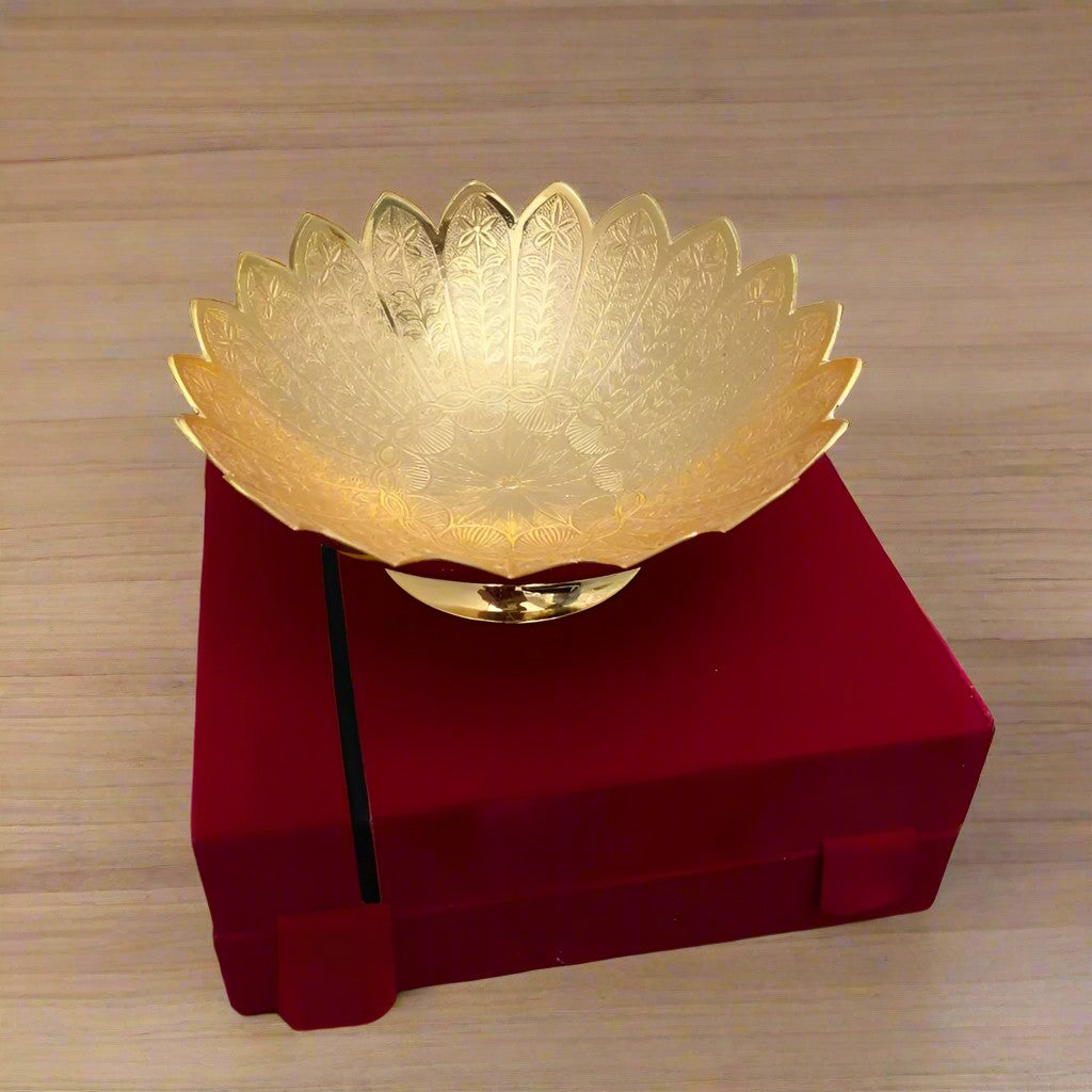 brass flower bowl in a velvet box for gift on housewarming/ diwali, 9.5"