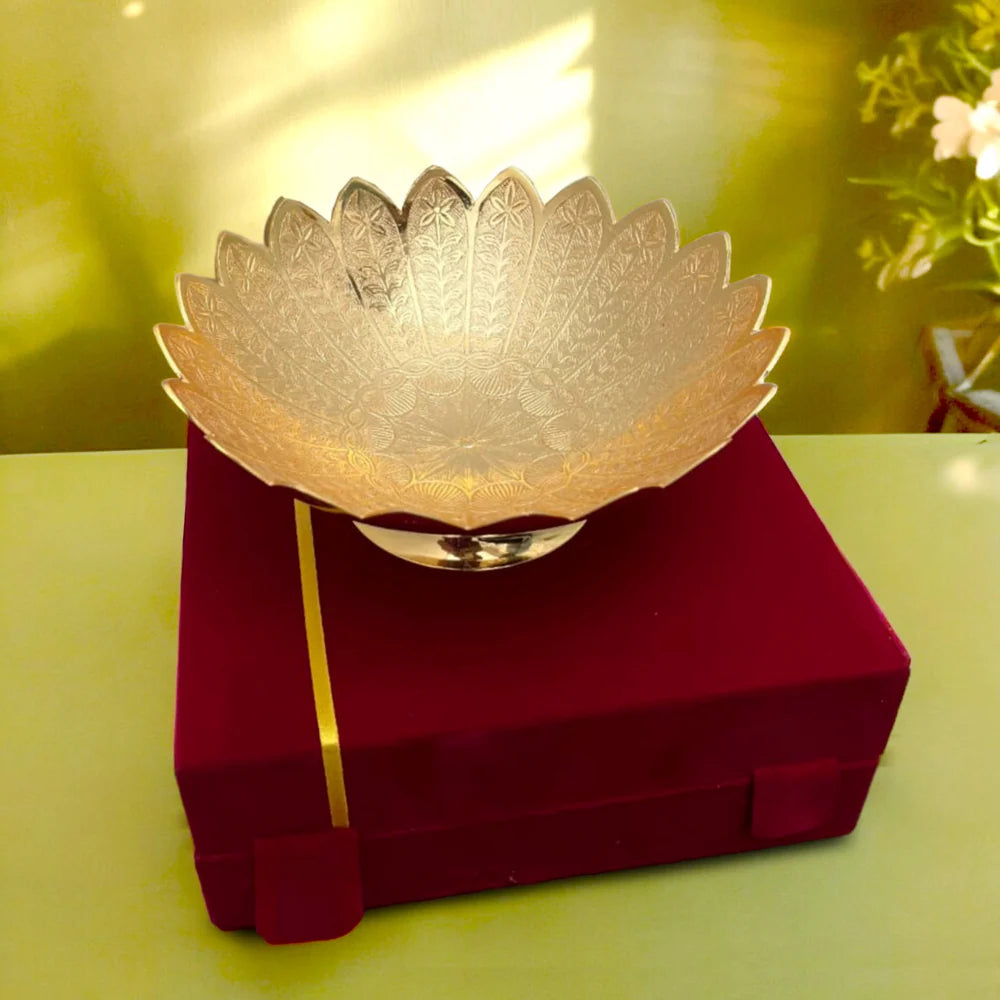 brass flower bowl in a velvet box for gift on housewarming/ diwali, 8.5"