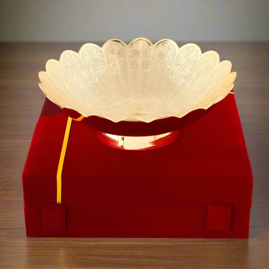 brass flower bowl in a velvet box for gift on housewarming/ diwali, 9.5"