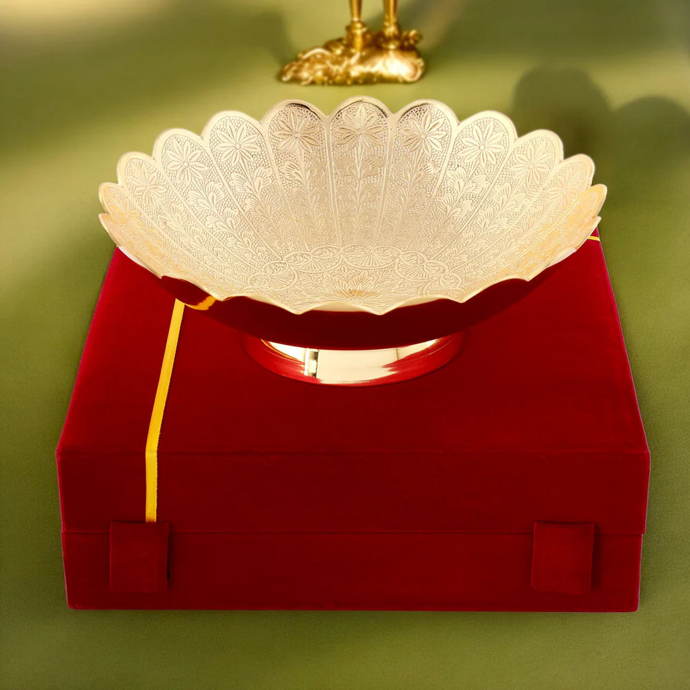 brass flower bowl in a velvet box for gift on housewarming/ diwali, 8.5"
