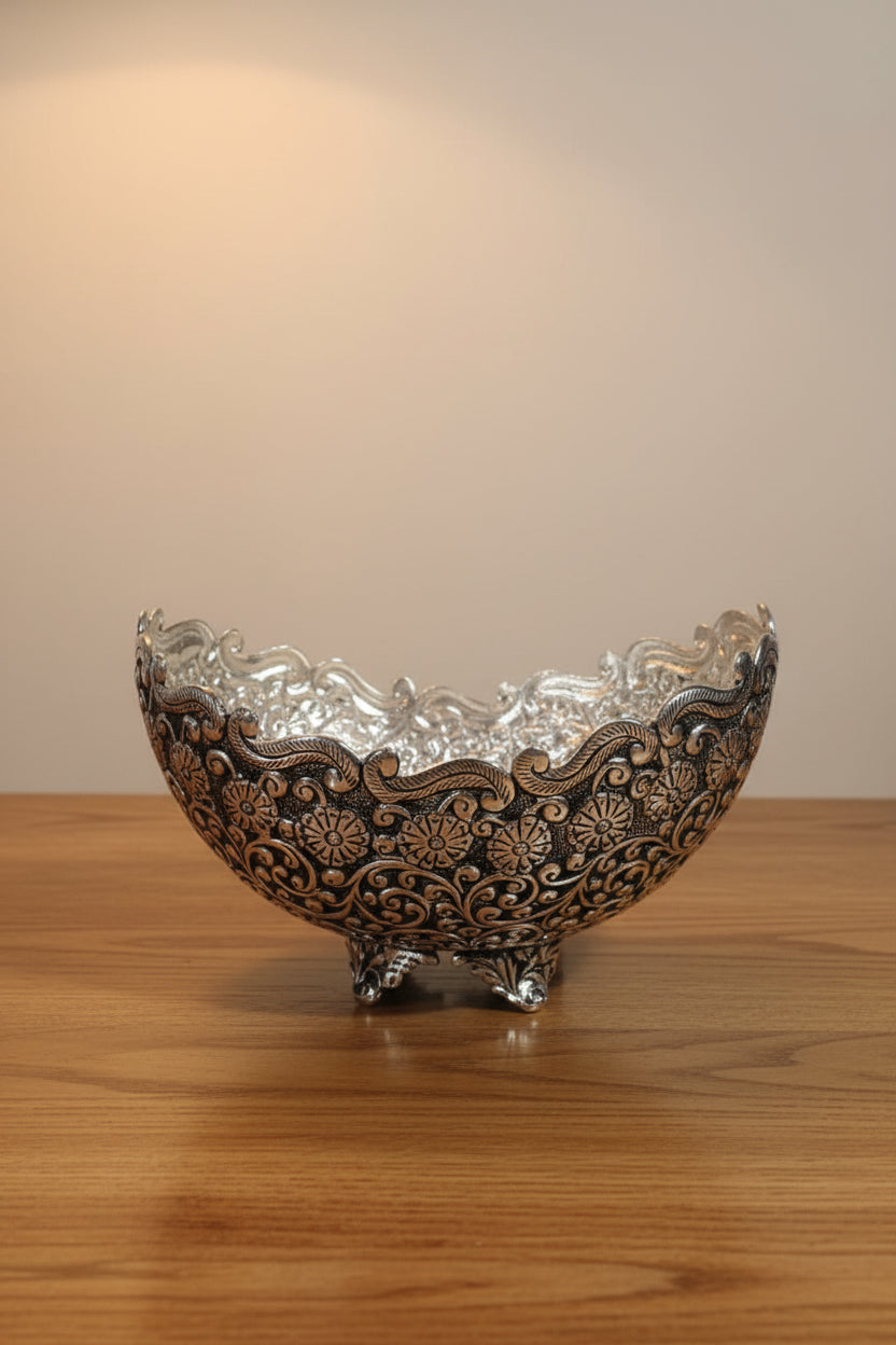 German Silver Antique Finish Handmade Fruit Bowl – Heavy Carving Pooja & Gift Item