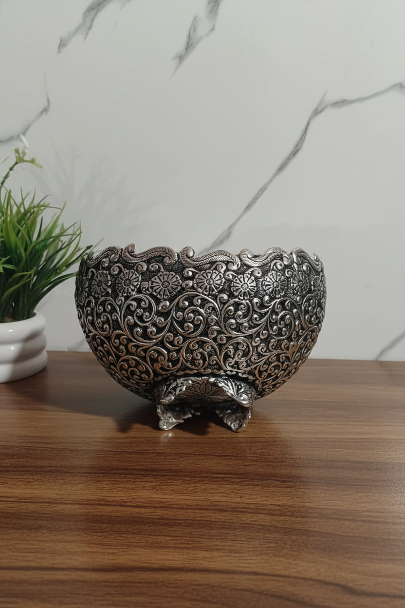German Silver Antique Finish Handmade Fruit Bowl – Heavy Carving Pooja & Gift Item