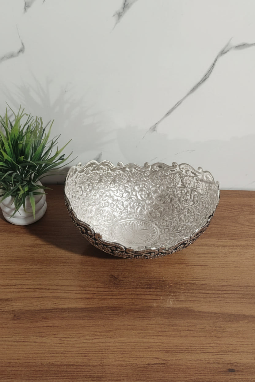 German Silver Antique Finish Handmade Fruit Bowl – Heavy Carving Pooja & Gift Item
