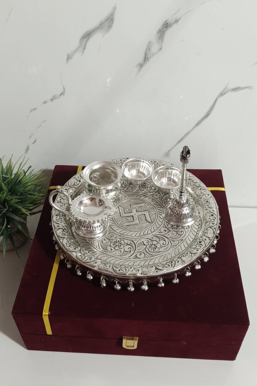German Silver Ghungru Pooja Thali – Antique Finish Set of 6 Ritual Essentials