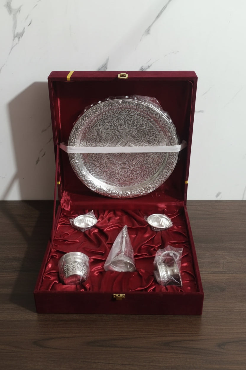 German Silver Ghungru Pooja Thali – Antique Finish Set of 6 Ritual Essentials