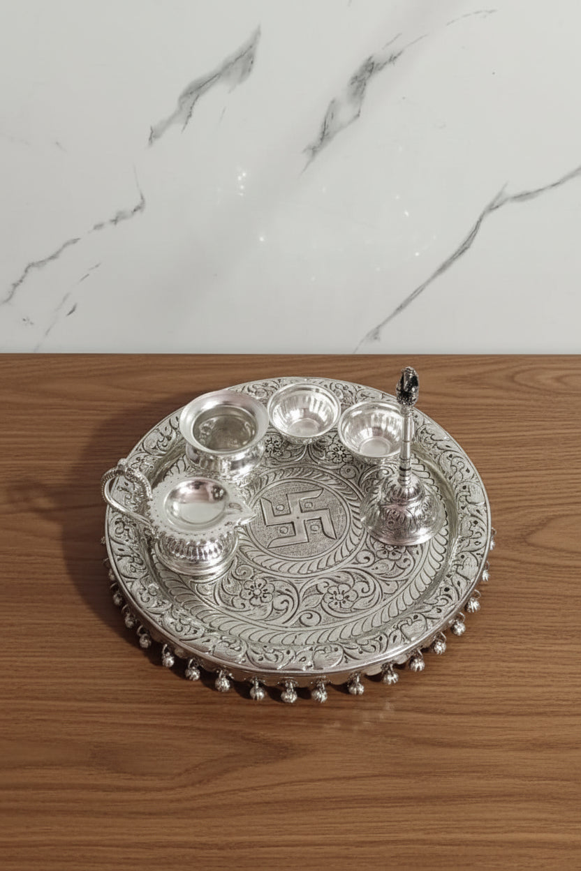 German Silver Ghungru Pooja Thali – Antique Finish Set of 6 Ritual Essentials