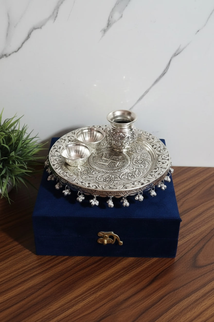 German Silver Ghungru Pooja Thali 8" – Antique Finish Set of 6 Ritual Essentials
