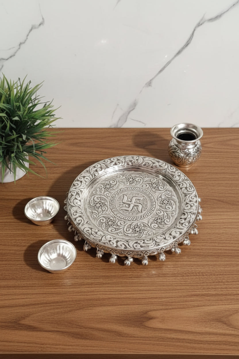 German Silver Ghungru Pooja Thali 8" – Antique Finish Set of 6 Ritual Essentials