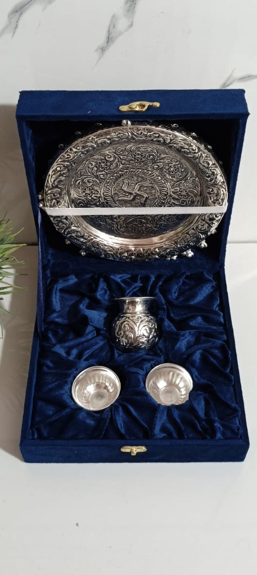 German Silver Ghungru Pooja Thali 8" – Antique Finish Set of 6 Ritual Essentials