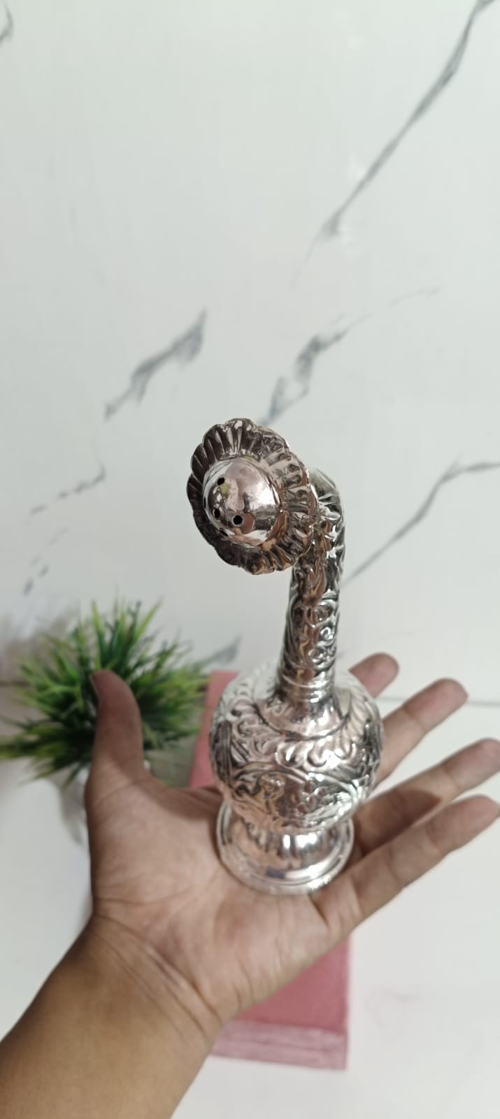 German Silver Rose Water Dispenser – 9" Handcrafted Pooja Accessory