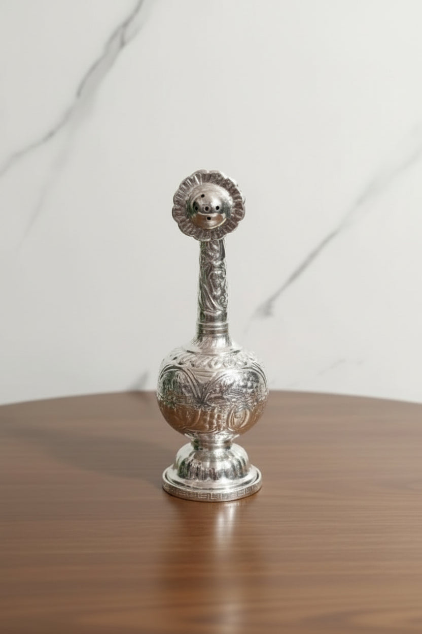 German Silver Rose Water Dispenser – 9" Handcrafted Pooja Accessory