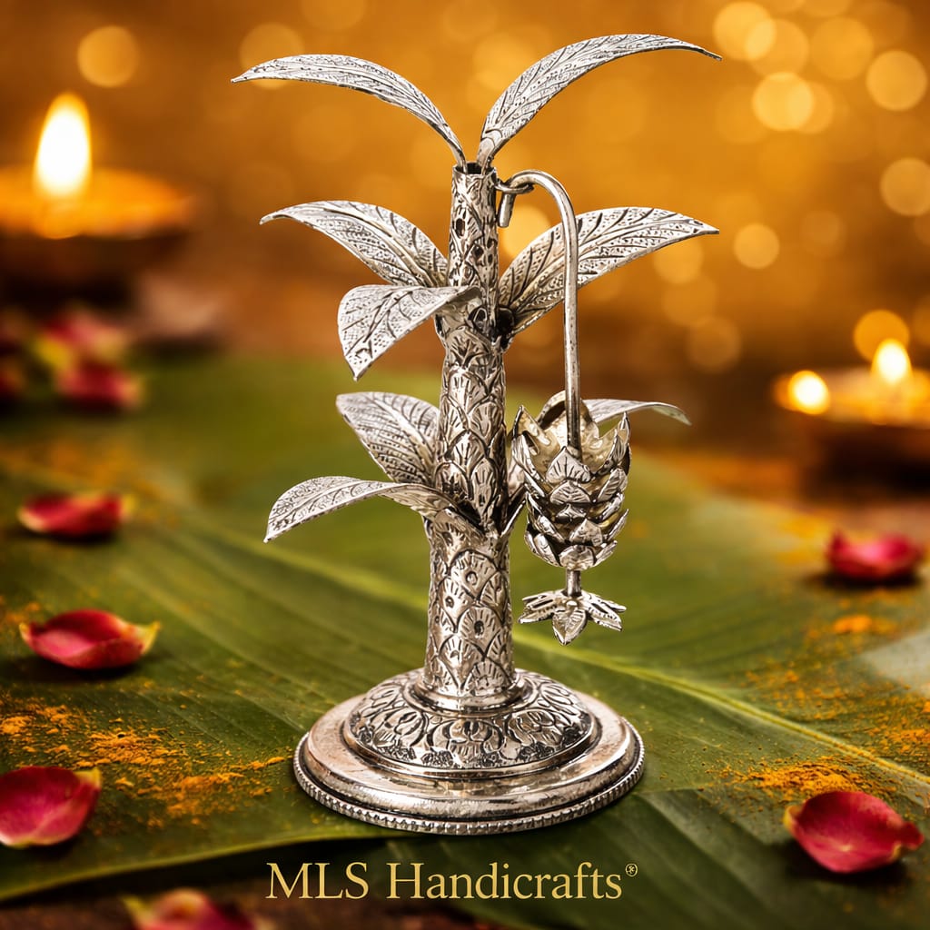 German silver antique finish banana tree Pair – Auspicious Pooja & Festive Décor, 7.5"
