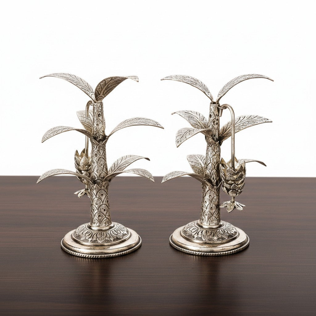 German silver antique finish banana tree Pair – Auspicious Pooja & Festive Décor, 7.5"