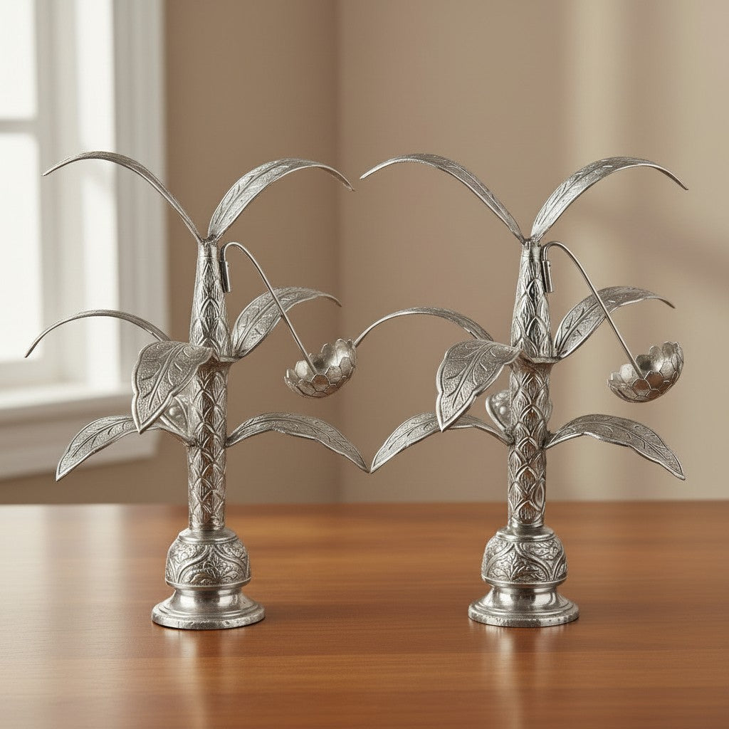 German silver antique finish banana tree Pair – Auspicious Pooja & Festive Décor, 11"