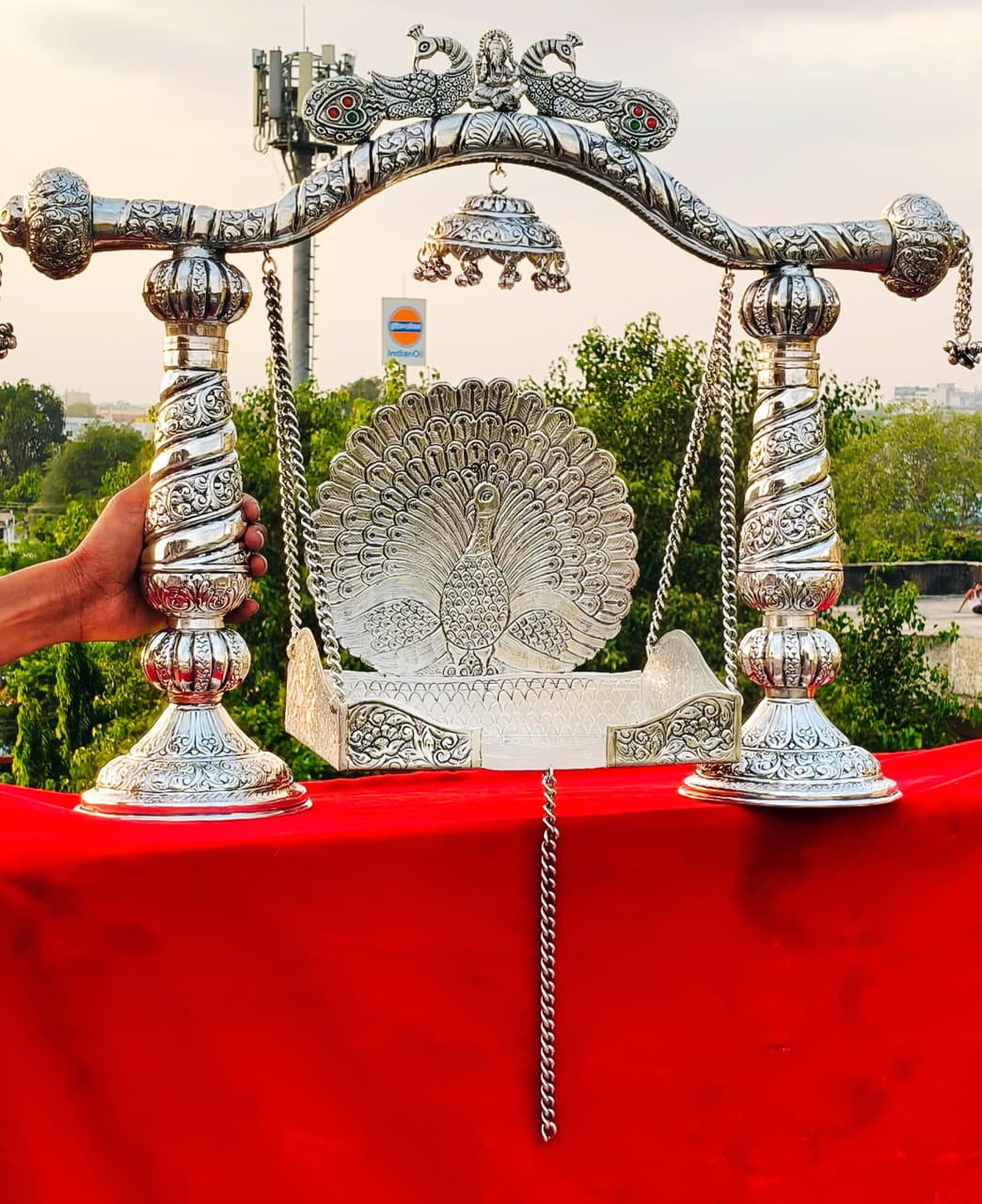 Big Size German Silver Double Peacock Jhula with Ganesh Motif – Ideal Swing for Laddu Gopal/Krishna during Janmashtami