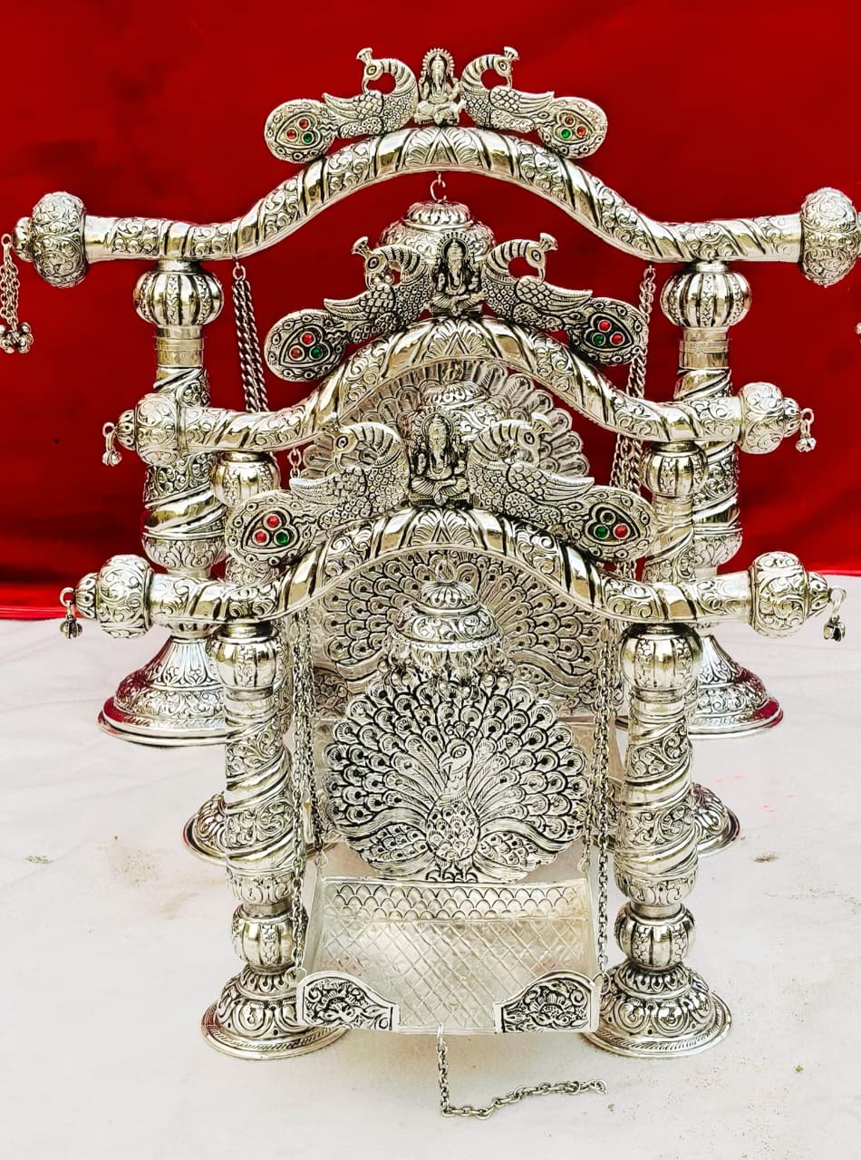 Big Size German Silver Double Peacock Jhula with Ganesh Motif – Ideal Swing for Laddu Gopal/Krishna during Janmashtami