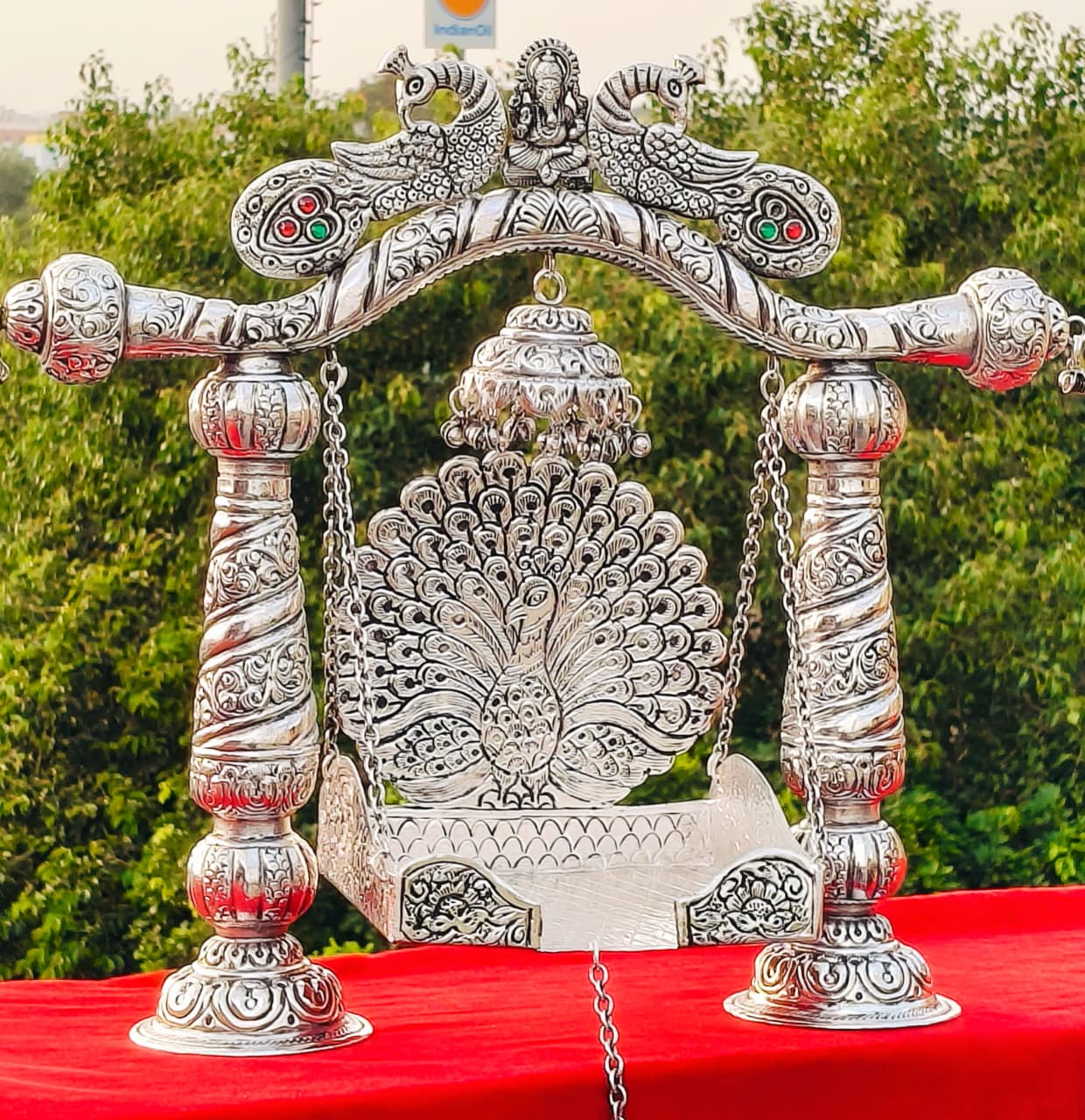 Big Size German Silver Double Peacock Jhula with Ganesh Motif – Ideal Swing for Laddu Gopal/Krishna during Janmashtami