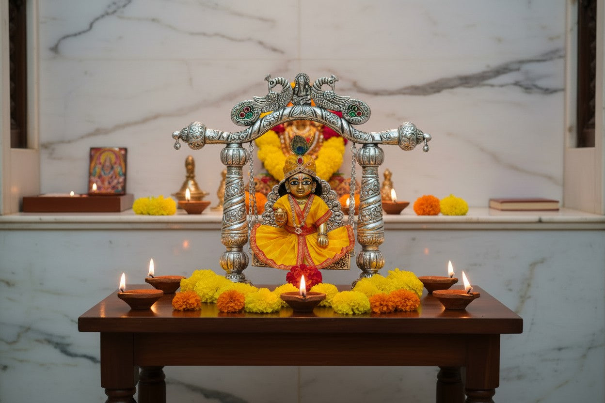 medium Size German Silver Double Peacock Jhula with Ganesh Motif – Ideal Swing for Laddu Gopal/Krishna during Janmashtami