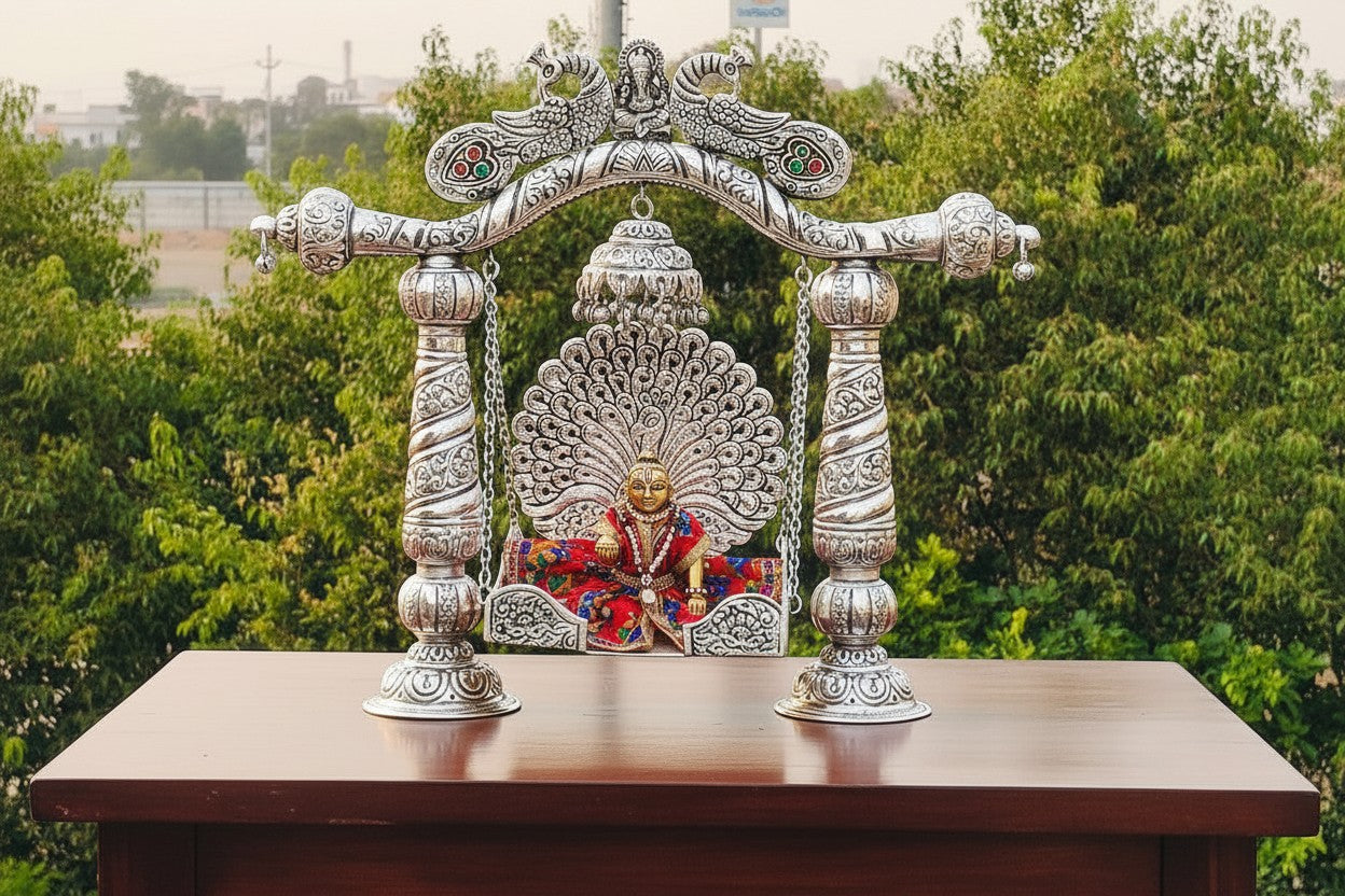 Big Size German Silver Double Peacock Jhula with Ganesh Motif – Ideal Swing for Laddu Gopal/Krishna during Janmashtami