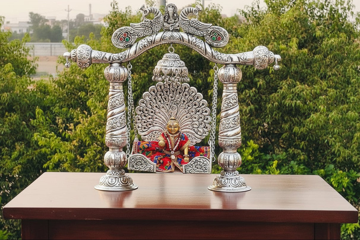 Big Size German Silver Double Peacock Jhula with Ganesh Motif – Ideal Swing for Laddu Gopal/Krishna during Janmashtami