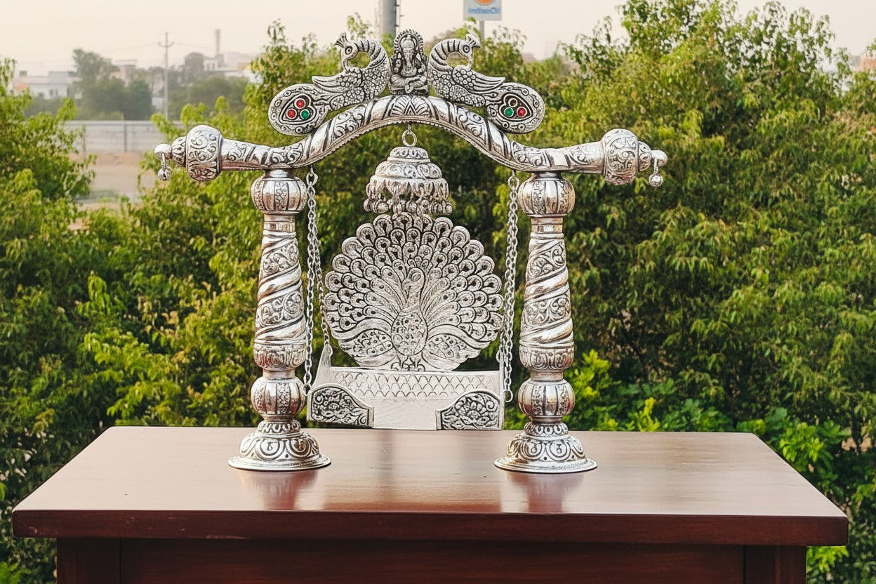 medium Size German Silver Double Peacock Jhula with Ganesh Motif – Ideal Swing for Laddu Gopal/Krishna during Janmashtami