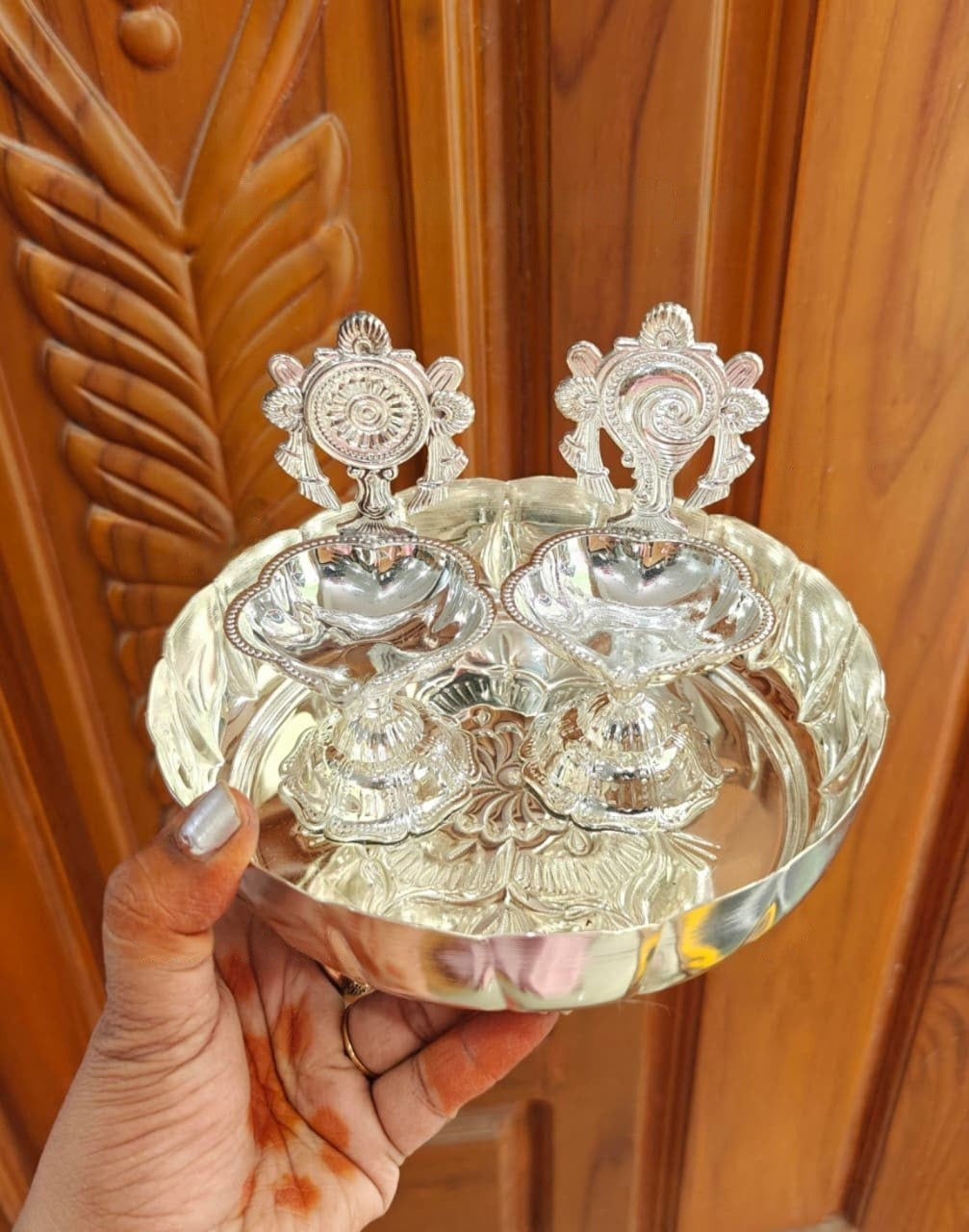 German Silver Plate with 2 Shanku Chakra Nama Diyas – Diwali & Varalakshmi Pooja