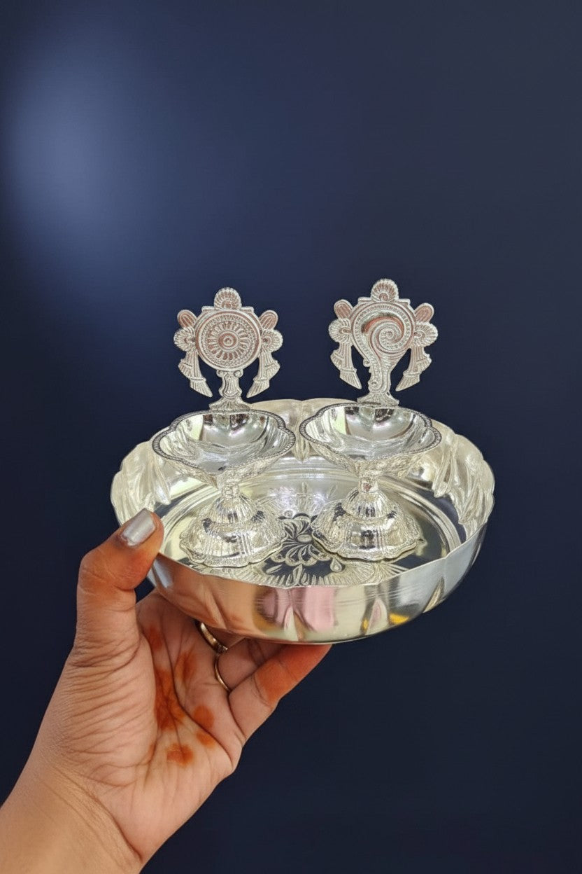 German Silver Plate with 2 Shanku Chakra Nama Diyas – Diwali & Varalakshmi Pooja