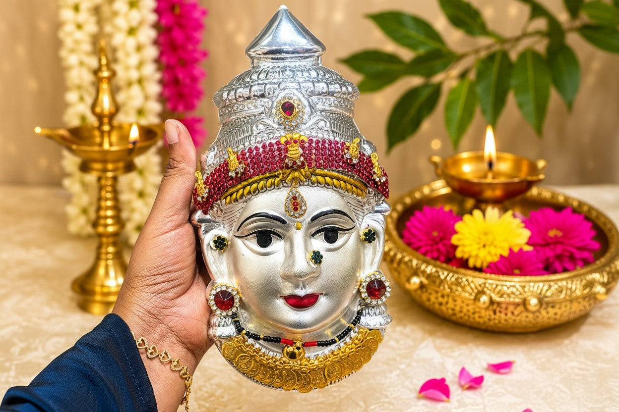 German Silver Lakshmi Face 10" with Stonework for varalakshmi pooja