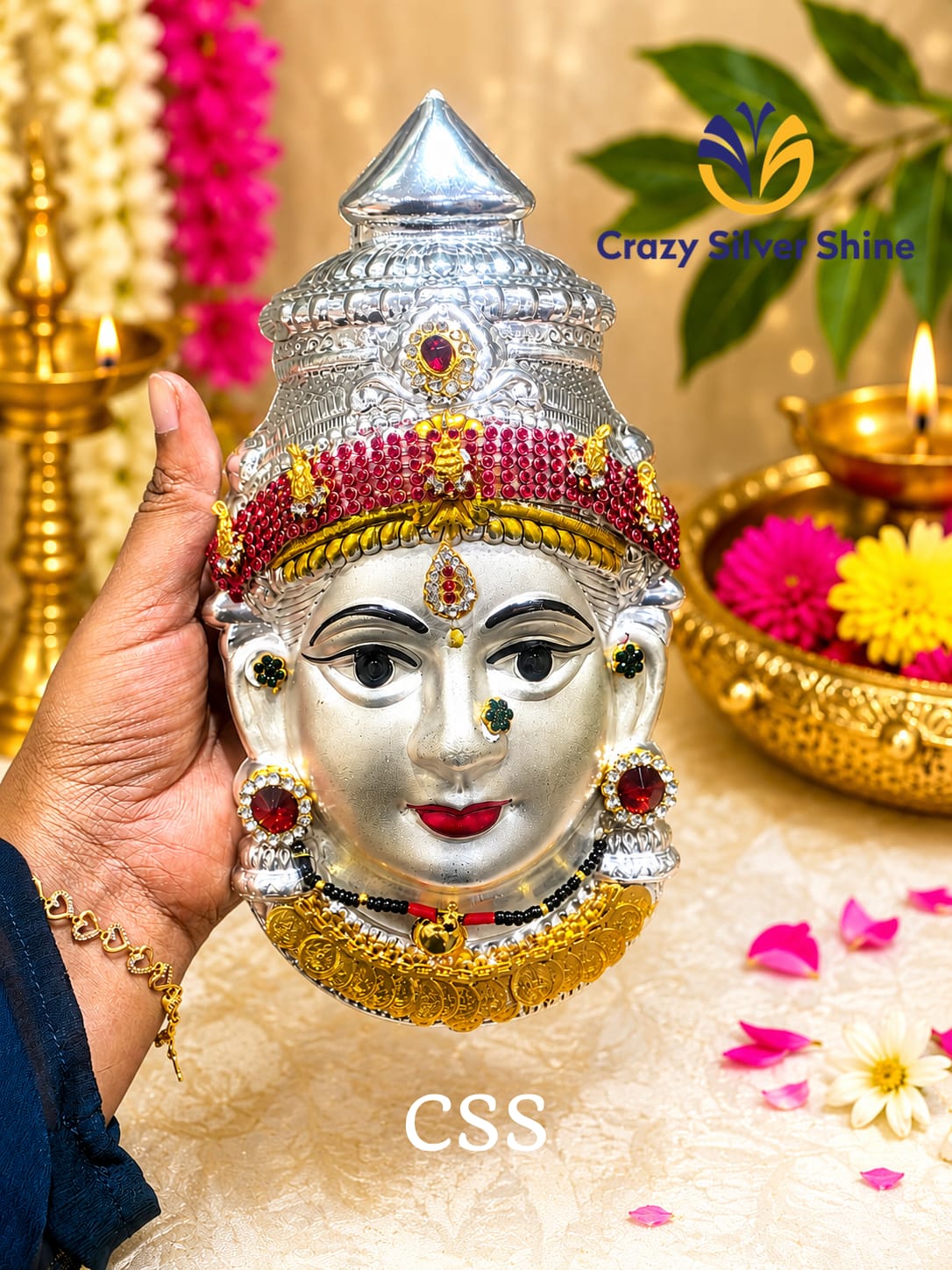 German Silver Lakshmi Face 10" with Stonework for varalakshmi pooja