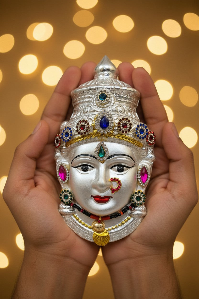 German Silver Lakshmi Face 7" with Stonework for varalakshmi pooja