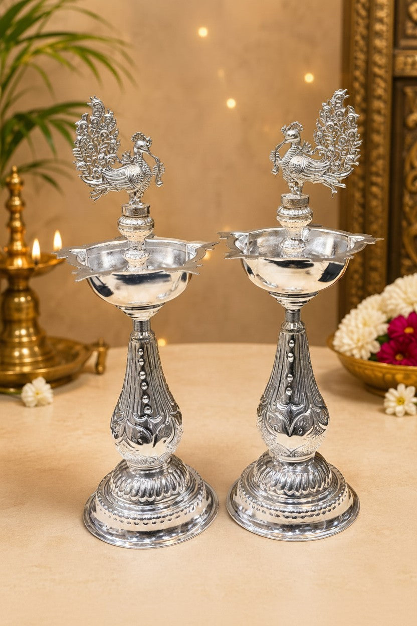 German Silver Peacock Diya 10" Housewarming