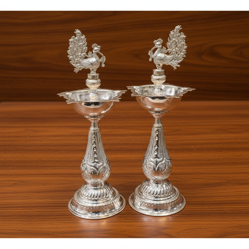 German Silver Peacock Diya 10" Housewarming