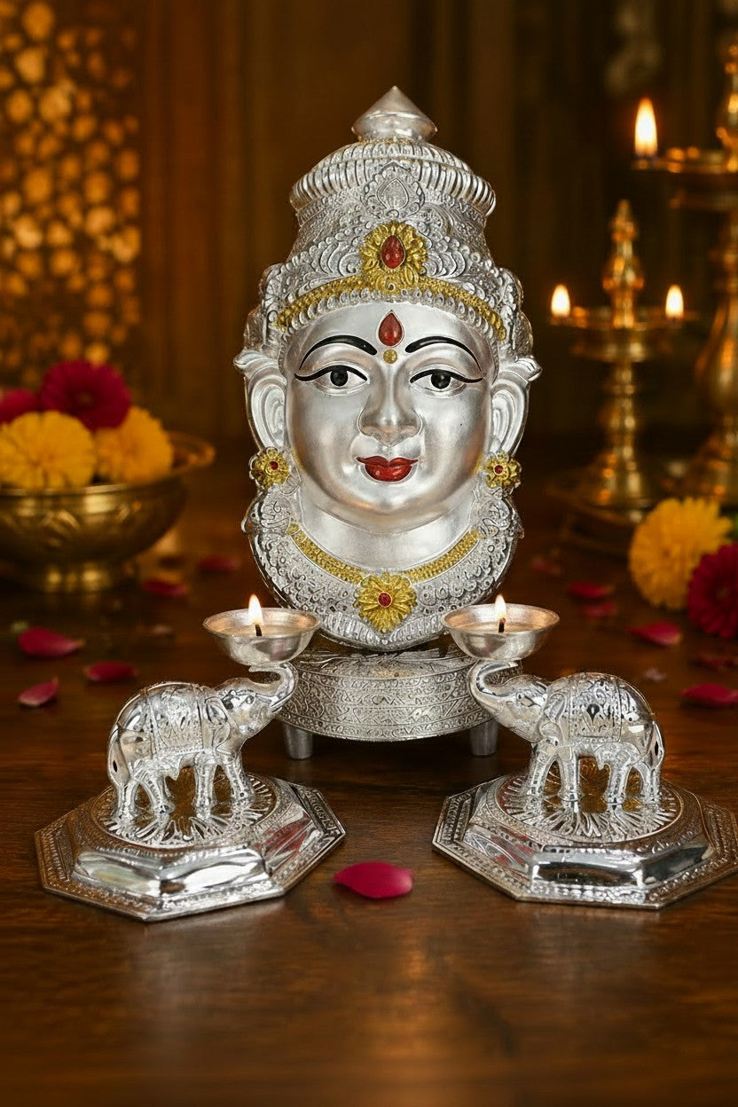 German Silver Lakshmi Face with Diya Pair pooja set