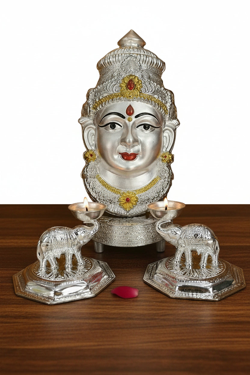 German Silver Lakshmi Face with Diya Pair pooja set
