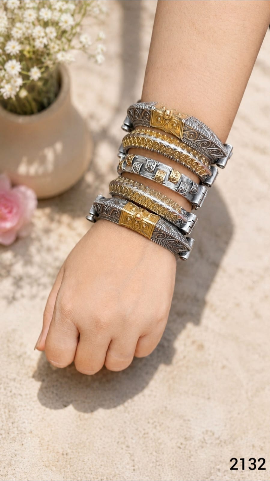 German Silver dual tone Antique Bangle Set – 5 Pieces